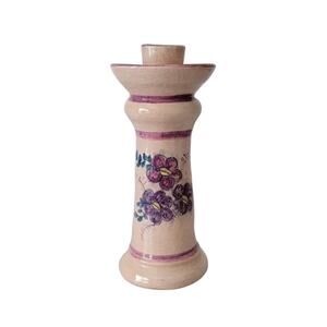 Vintage Ceramic Floral Candle Holder Rustic Beige Purple Hand Painted Pottery